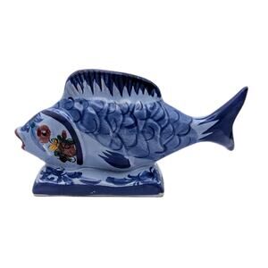 Vintage Vestal Alcobaca Portugal Blue Floral Fish Figurine 844 Coastal 6"